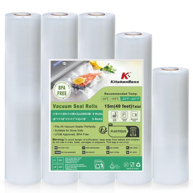 KitchenBoss Vakuumbeutel Lebensmittel 5 Rollen：Vakuumierbeutel 28x3/20x1/15x1/300 cm für Vakuumierer und Sous Vide, Vakuumierfolie Stark & Reißfest