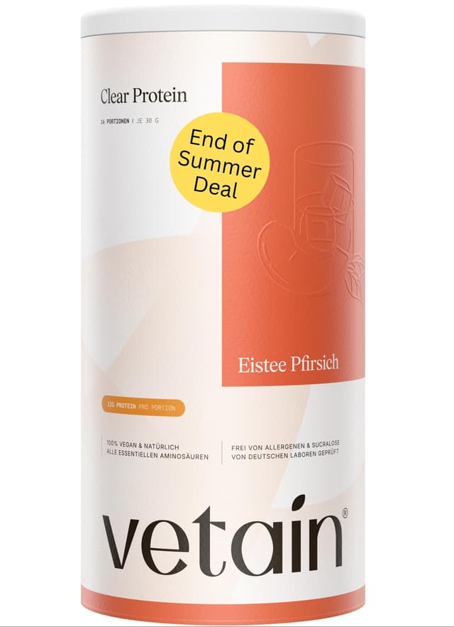VETAIN Clear Protein Vegan - Eistee Pfirsich - 22g Protein & 98 kcal pro Portion - 480g - Clear Protein mit BCAAs - Erfrischend & leicht löslich - ohne Sucralose - produziert in Deutschland Eistee-Pfirsich