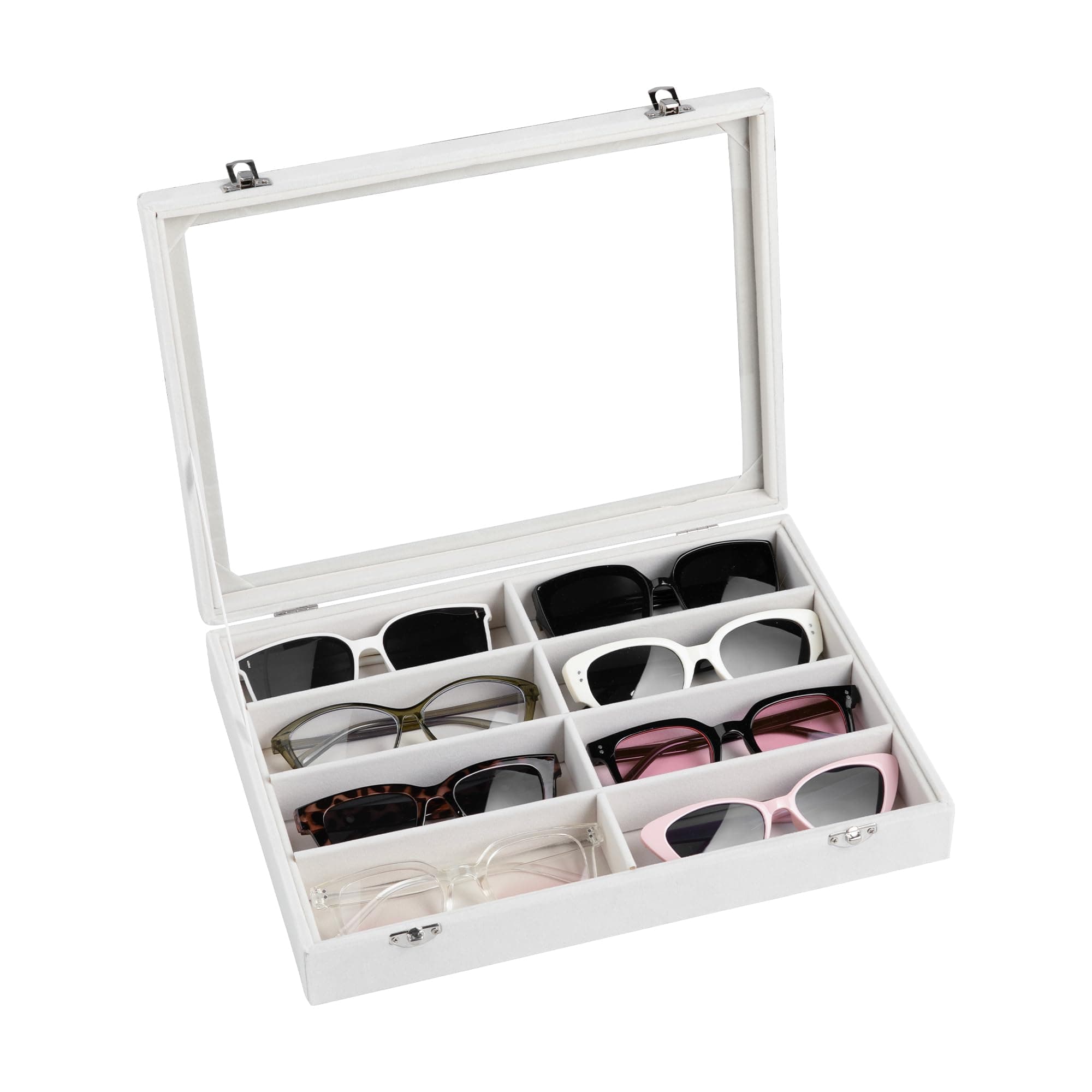 Frebeauty Samt-Organizer, Samt-Tablett, Brillen-Organizer, Sonnenbrillen-Tablett mit transparentem Deckel, Sonnenbrillenetui, Brillenetui, Uhren-Display Weiß With lid