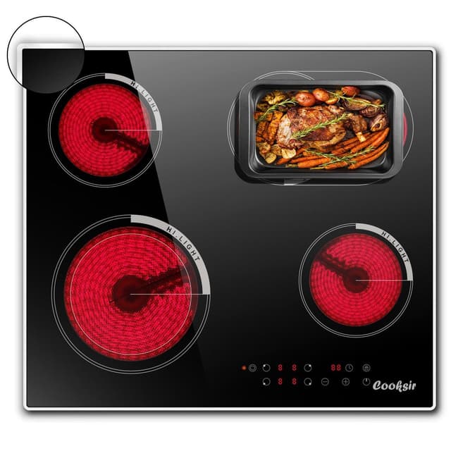 Cooksir Glaskeramikkochfeld mit Rahmen, Einbau 4 Kochfelder, Duale und Ovale Zonen fur Gril, Kochfeld Autark 59cm, 6700W, Sicherheitsschloss, Kein Stecker 59CM 4er mit Oval Zone