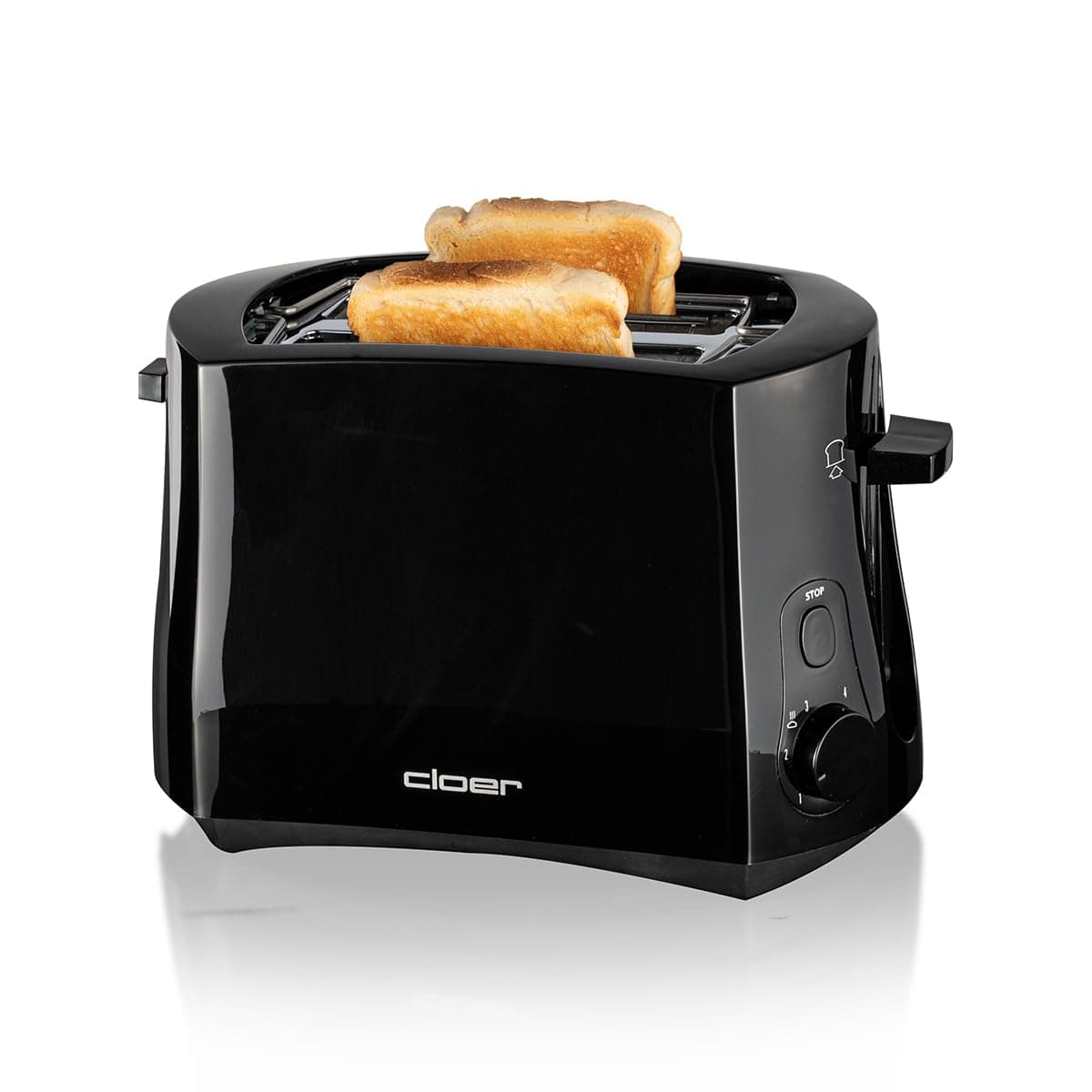 Cloer 3310 Cool-Wall-Toaster, 825 W, für 2 Toastscheiben, integrierter Brötchenaufsatz, Krümelschublade, Nachhebevorrichtung, Schwarz Schwarz Single