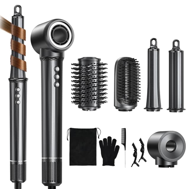 Uwithm Airstyler 5 in 1, 110000 U/min Ionen Föhn mit 2 Größe Lockenstab Automatisch, Volumenbürste, Haarglätter Bürste, Multifunktionaler Hairstyler zum Schnelltrocknend, Macht Haar Glatt und Glänzend Gunmetal