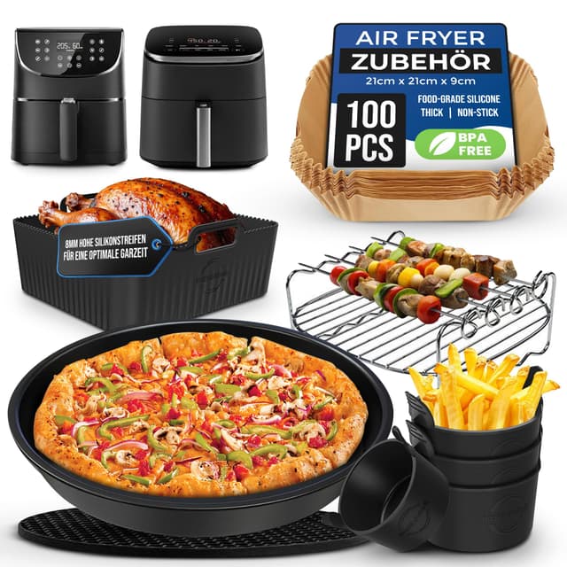 Premium 9 Stücke Air Fryer Zubehör für Cosori 5.5L / 6L, Philip XL 6,2L, Ninja AF180EU & andere 5,5-l-Plus Heißluftfritteuse | 2,5mm dick Silikonform | Premium Einsätze für Cosori 5.5L |