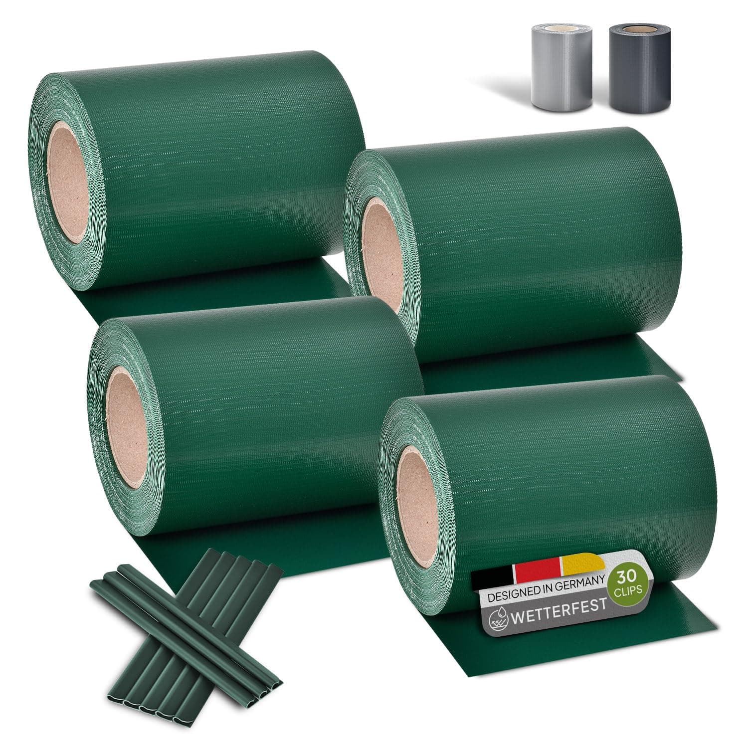 Juskys PVC Sichtschutzstreifen Doppelstabmatten Zaun 4er Set - 4 Rollen á 35m x 19cm - 120 Befestigungsclips - Zaunfolie Sichtschutz Windschutz - grün