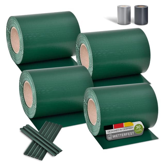 Juskys PVC Sichtschutzstreifen Doppelstabmatten Zaun 4er Set - 4 Rollen á 35m x 19cm - 120 Befestigungsclips - Zaunfolie Sichtschutz Windschutz - grün