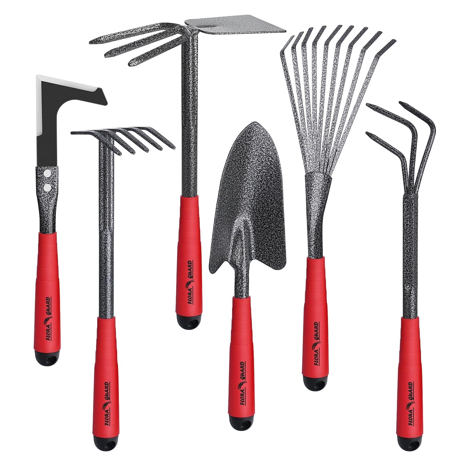 FLORA GUARD Gartengeräte,6 Stück Garten Werkzeug Set Einschließlich Weeder, Gartenkelle, Handrechen, Handhacke, Strauchrechen, Grubber, Garten Handwerkzeuge mit Köpfen aus kohlenstoffhaltigem Stahl
