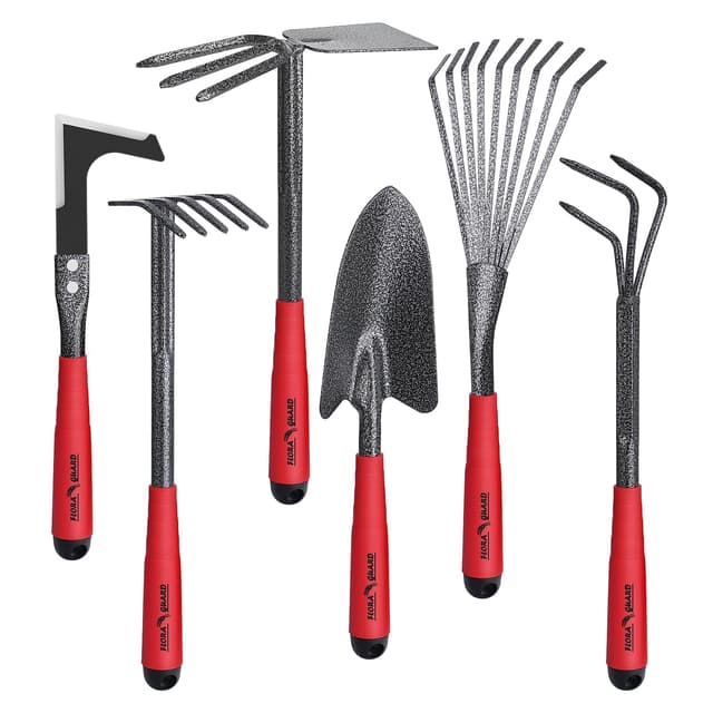 FLORA GUARD Gartengeräte,6 Stück Garten Werkzeug Set Einschließlich Weeder, Gartenkelle, Handrechen, Handhacke, Strauchrechen, Grubber, Garten Handwerkzeuge mit Köpfen aus kohlenstoffhaltigem Stahl