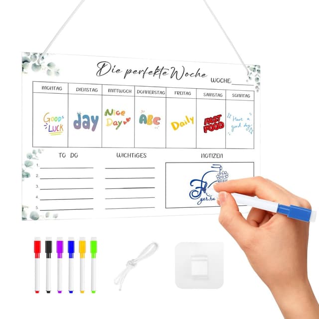 HENGBIRD Wochenplaner Abwischbar Acryl 30×20cm Weekly Planner mit 6 Whiteboard Stifte Abwischbar To Do Liste Geeignet für Essensplaner Haushaltsplaner Putzplan für Den Haushalt aufhäNgbar