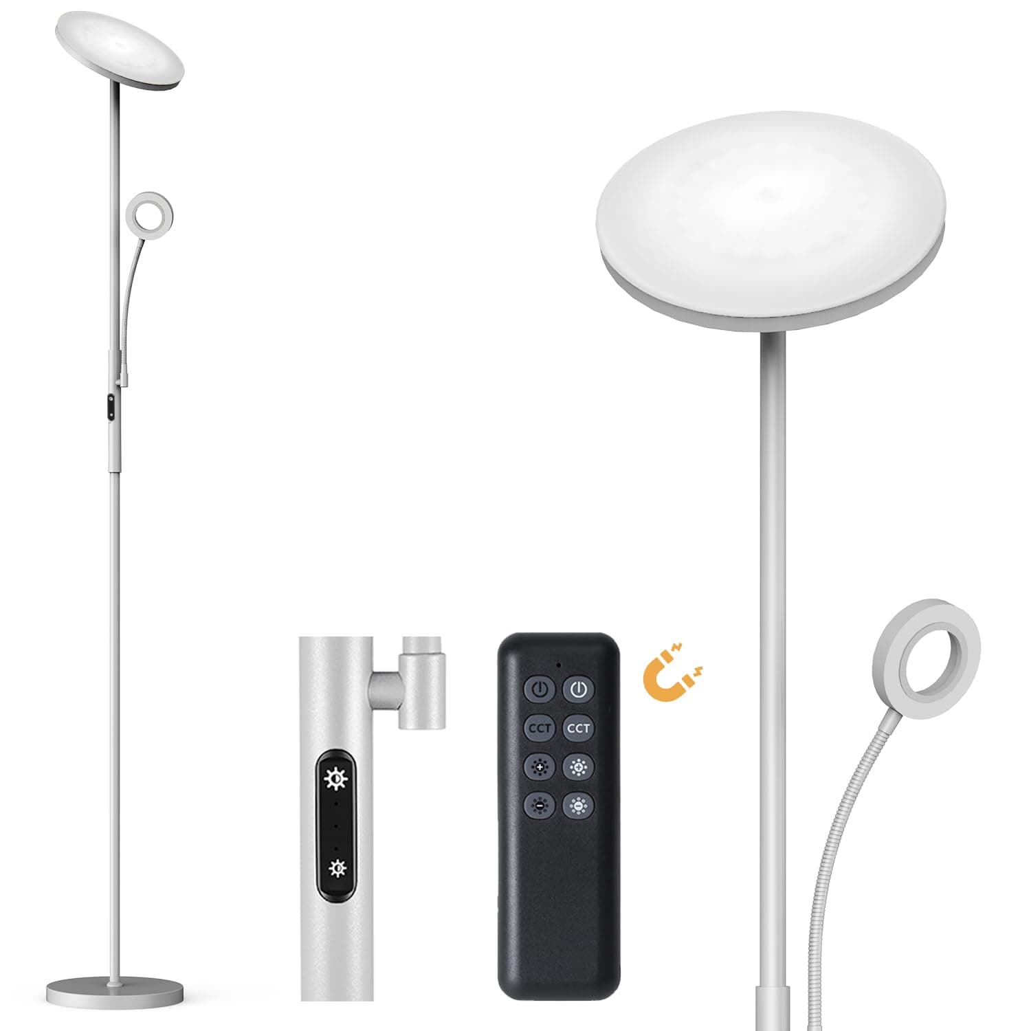 Modlicht 35W Stehlampe LED Dimmbar Grau, 4200LM Stehleuchte Wohnzimmer mit Fernbedienung & Touch-Steuerung, 3000-6000K Deckenfluter LED mit Leselampe, Standlampe LED für Schlafzimmer Büro 35w Deckenfluter mit Leselampe Grau