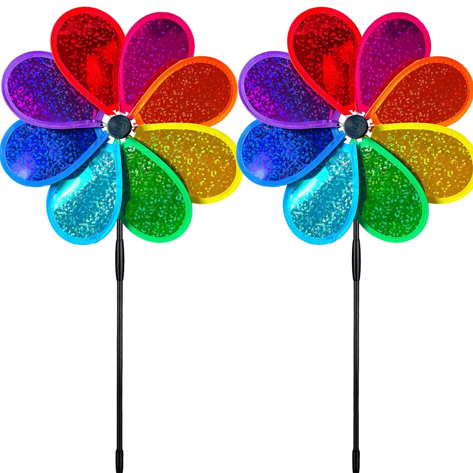 2er Set Windspiel Windrad Garten - 30cm Regenbogen Glitzer Windmühlen Wetterfeste Gartenstecker für Rasen/Balkon/Terrasse, Rostfreie Windräder für Kinder & Erwachsene 4 Farben