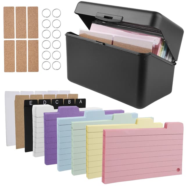 Karteikasten, Karteikarten box Lernkarteibox für 300 Karteikarten A7 A8, Karteibox Lernbox Set inkl. 230 Karteikarten, 15 Register, 6 Ringen, 6 Aufkleber für Notizen Schulsachen Büro