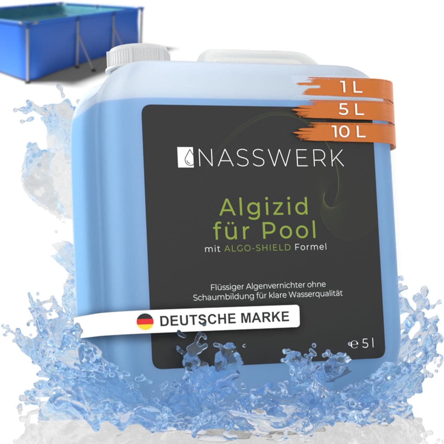NASSWERK® Algizid für Pool flüssig 5L | Algenvernichter Pool um grünes Poolwasser klar bekommen | Poolklar Anti Algenmittel Pool & Whirlpool | Pool Algenvernichter mit Klareffekt Algezid Algenverhüter Algenvernichter 5 L