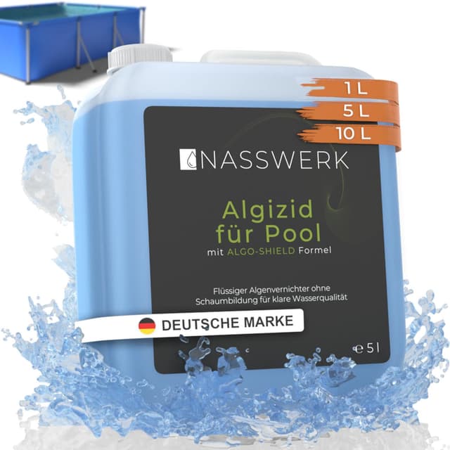 NASSWERK® Algizid für Pool flüssig 5L | Algenvernichter Pool um grünes Poolwasser klar bekommen | Poolklar Anti Algenmittel Pool & Whirlpool | Pool Algenvernichter mit Klareffekt Algezid Algenverhüter Algenvernichter 5 L