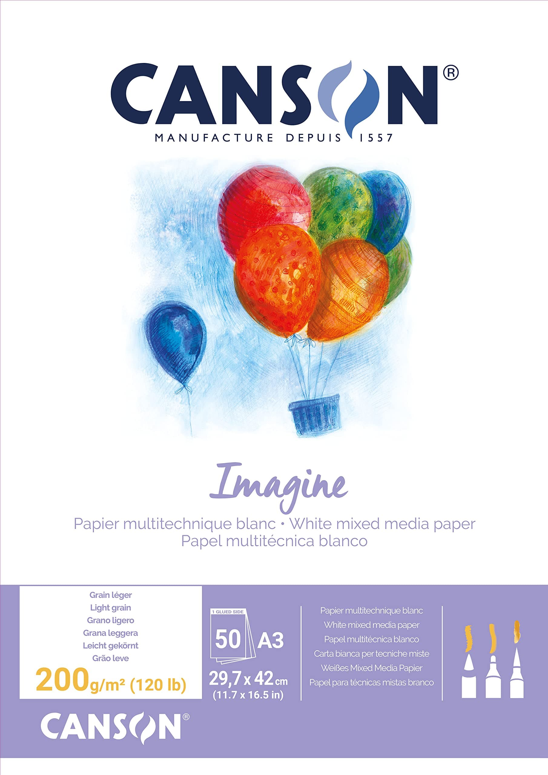 CANSON Imagine, Mixed Media Papier, leichte Körnung, 200 g/m², an der kurzen Seite geleimter Block, DIN A3, 29,7 x 42 cm, Naturweiß, 50 Blatt A3 Single
