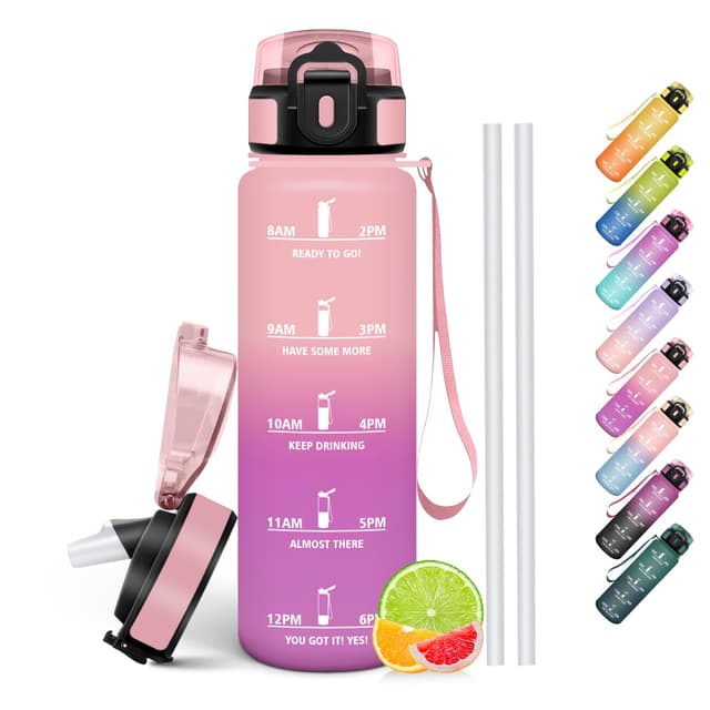 HoneyHolly Trinkflasche 1L, BPA-Frei, Trinkflasche Kohlensäure Geeignet, Wasserflasche Auslaufsicher, Sportflasche mit Strohhalm, Wasserflasche Sport für Fahrrad, Fitness, Laufen, Wandern 1000 ml Pinkrose - 1000ml