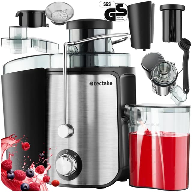 tectake® Entsafter Gemüse und Obst, Saftpresse elektrisch, Edelstahl Küchengeräte, Juicer Machine für Smoothie und Saft, Obstmühle, als Orangenpresse, für Apfelsaft, Gemüsesaft, Gelee und Marmelade