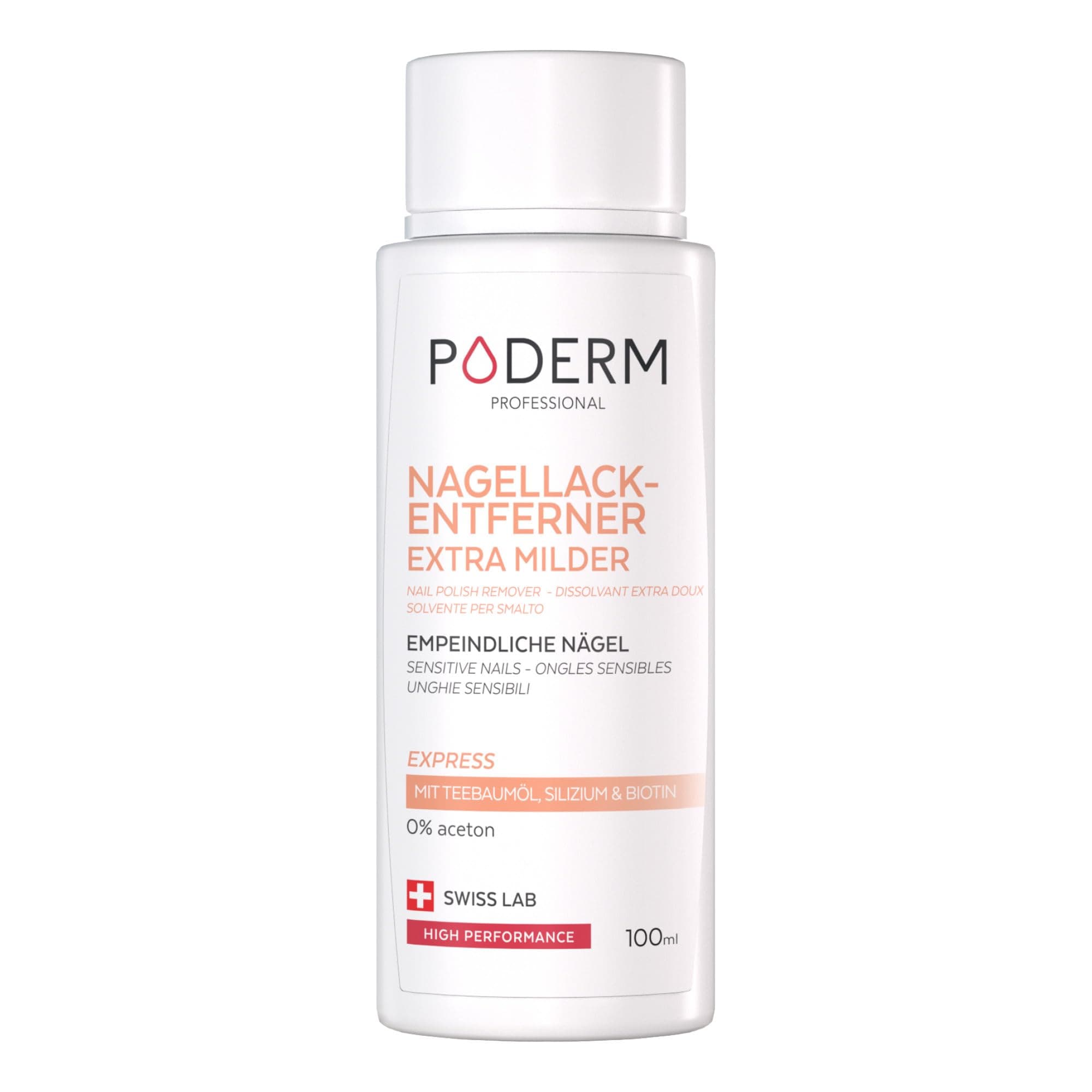 PODERM - NAGELLACKENTFERNER ACETONFREI EXTRA SANFTER MIT TEEBAUM - Schnelle & einfache Nagellackentfernung - Stärkend & nährend für die Nägel - Ideal für empfindliche Nägel - 100 ml - Swiss Lab