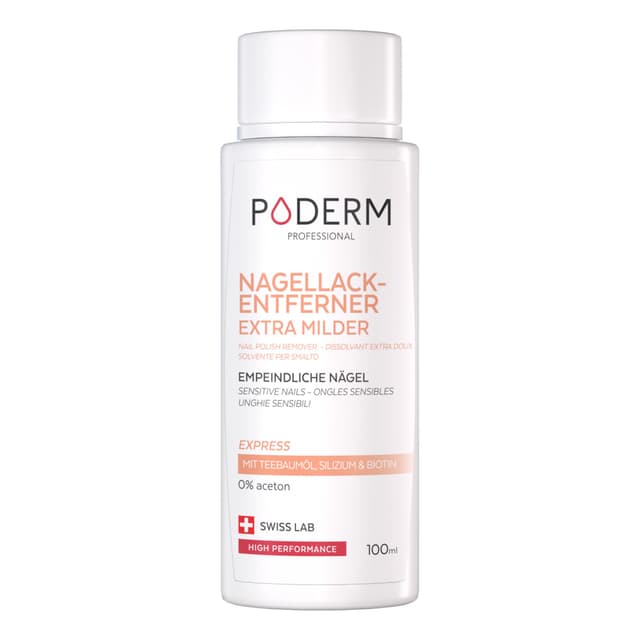 PODERM - NAGELLACKENTFERNER ACETONFREI EXTRA SANFTER MIT TEEBAUM - Schnelle & einfache Nagellackentfernung - Stärkend & nährend für die Nägel - Ideal für empfindliche Nägel - 100 ml - Swiss Lab