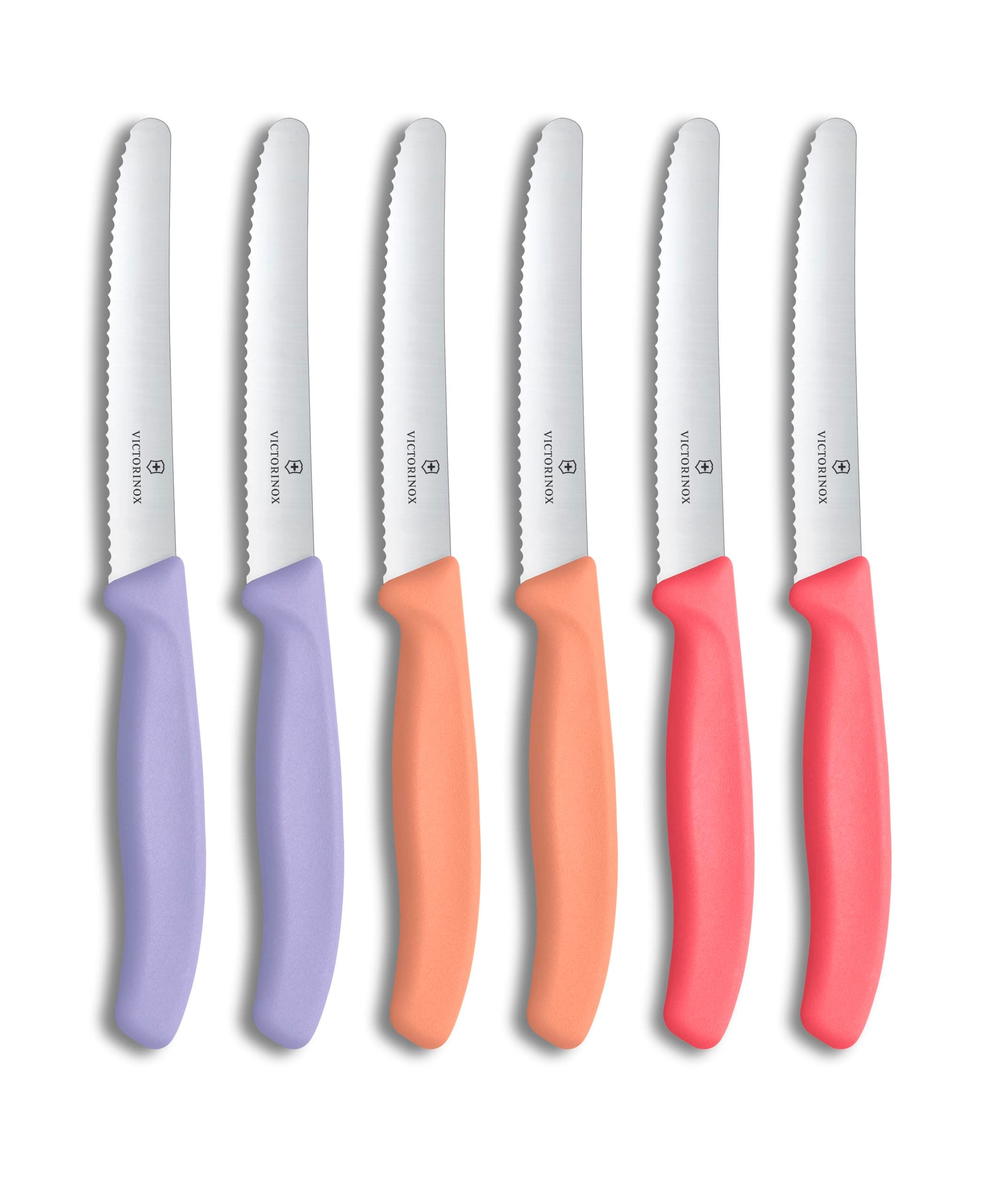 Victorinox Swiss Classic, Frühstücksmesser, Brötchenmesser Set, 6teilig, Scharfe Klinge, Wellenschliff, 11cm, Rostfreier Stahl, Violett, Orange und Pink Violett, Orange, Pink