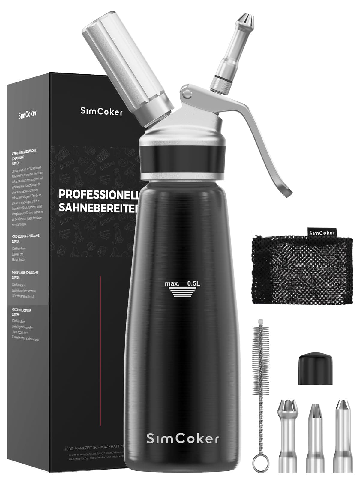 SimCoker Sahnespender 500ml,Aluminium Sahnesiphon,Schlagsahnebereiter mit Ersatzteile,Deutsche Anweisungen Schwarz