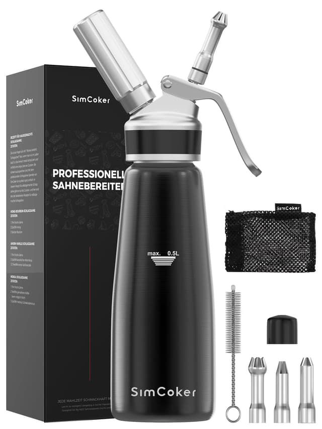 SimCoker Sahnespender 500ml,Aluminium Sahnesiphon,Schlagsahnebereiter mit Ersatzteile,Deutsche Anweisungen Schwarz