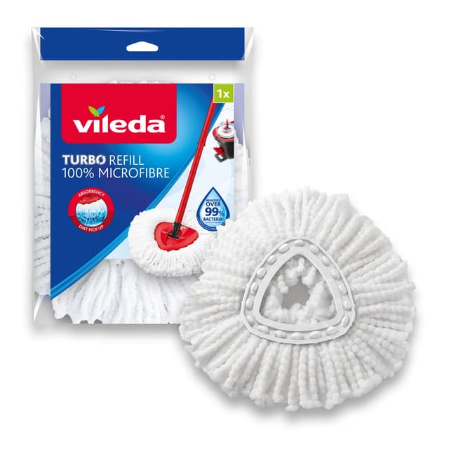 Vileda Turbo Easy Wring & Clean Classic Ersatzmoppkopf, geeignet für alle Vileda Schleudermopp-Bodenwischer, für alle harten Böden, entfernt über 99% der Bakterien nur mit Wasser*, 1er Pack Weiß Einerpack