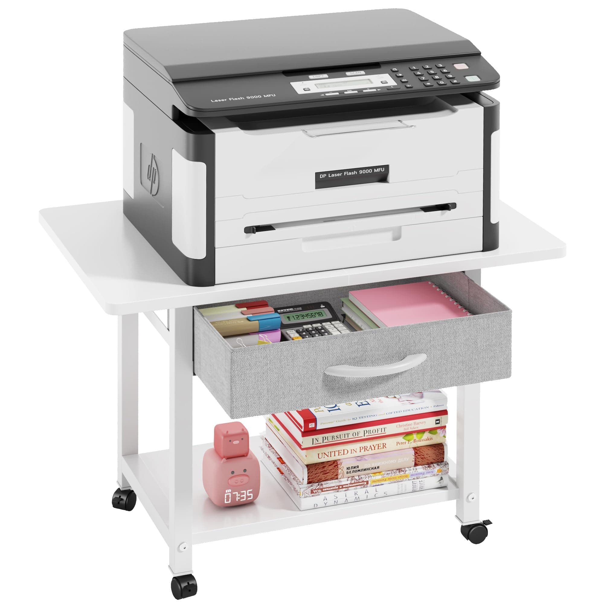 Druckertisch mit Rollen, 56x38cm Mobiler Druckerständer Schreibtisch mit Stoffschublade, Home Office Druckerhalter Büro Druckerwagen Drucker Regal, Printer Stand, Weiß 2-Tier Weiß