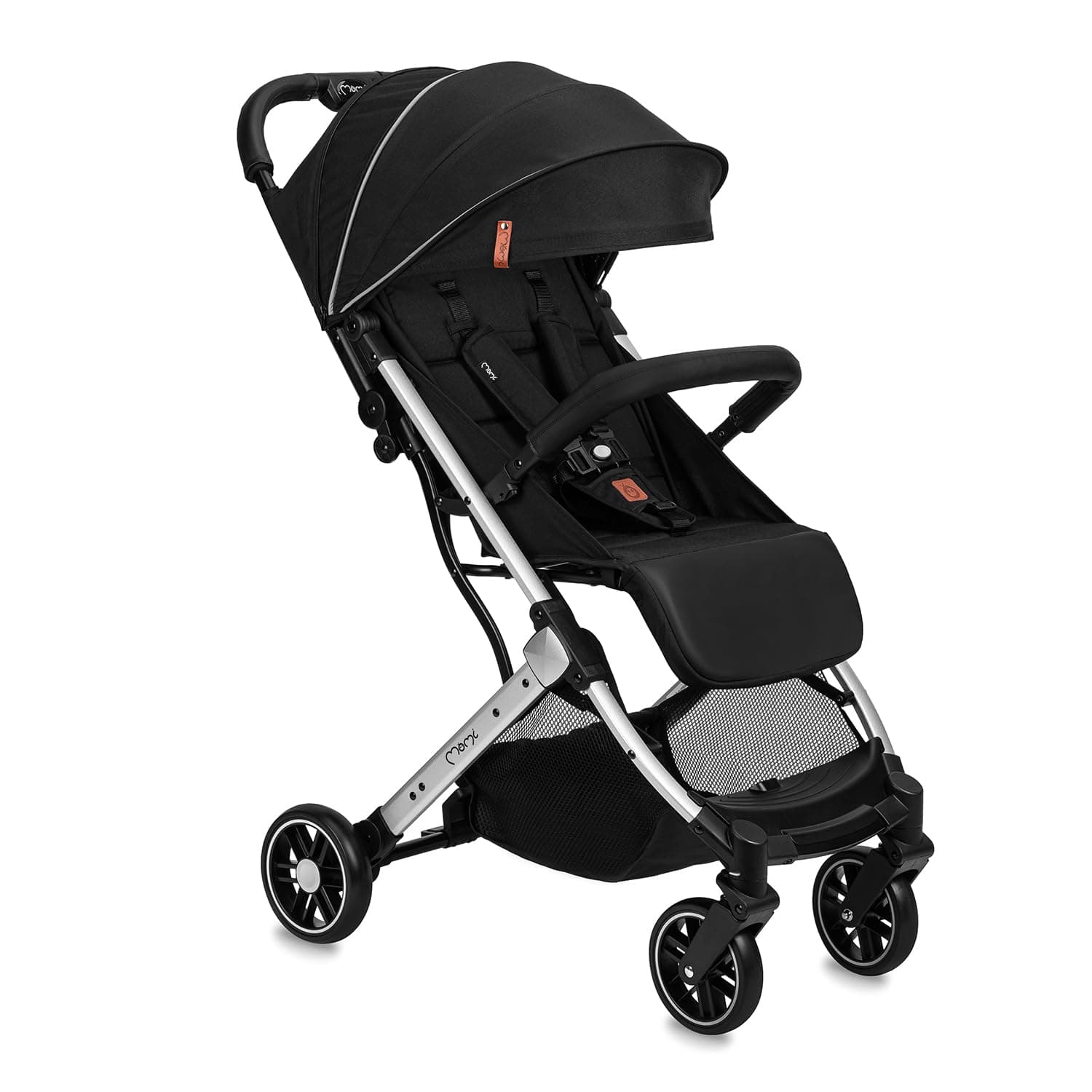 MOMI ESTELLE Kinderwagen für Kinder ab 6 Monat bis zu max. Körpergewicht von 15 kg, H105 x B51 x T75 cm, klappbar auf die Maße H65 x B51 x T21 cm, Gewicht 7,5 kg, 5-Punkt-Sicherheitsgurt Schwarz und Silber