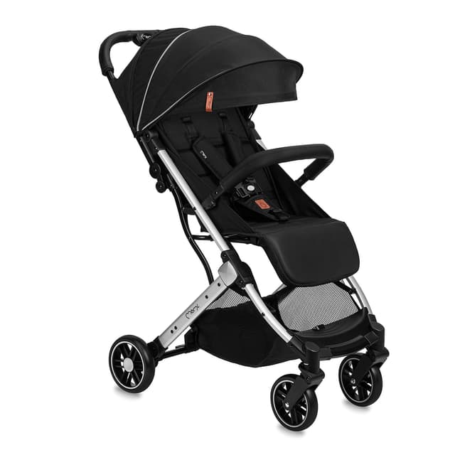 MOMI ESTELLE Kinderwagen für Kinder ab 6 Monat bis zu max. Körpergewicht von 15 kg, H105 x B51 x T75 cm, klappbar auf die Maße H65 x B51 x T21 cm, Gewicht 7,5 kg, 5-Punkt-Sicherheitsgurt Schwarz und Silber