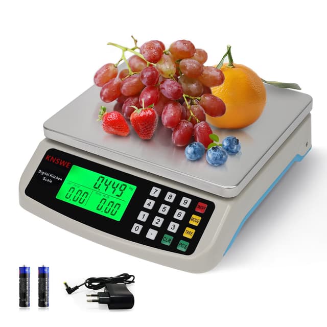 KNSWE Waage Küchenwaage Groß Edelstahl Digitalwaage 40kg zum Gastronomie Messen von Fleisch Wurst so Weiter Obstwaage mit Zähl Tara Funktion Feinwaage 1g LCD Display und 4 Maßeinheit