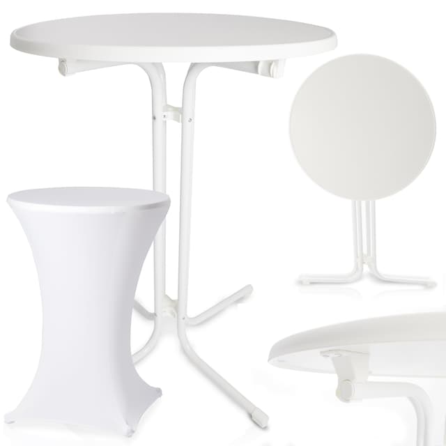 Onbest Stehtisch klappbar – mit festlicher Husse – 110cm hoch – Ø80 cm Tischplatte – rund– für In- & Outdoor –Bistrotisch – Biertisch – Gartentisch - Gartentisch Klapptisch (Weiß)