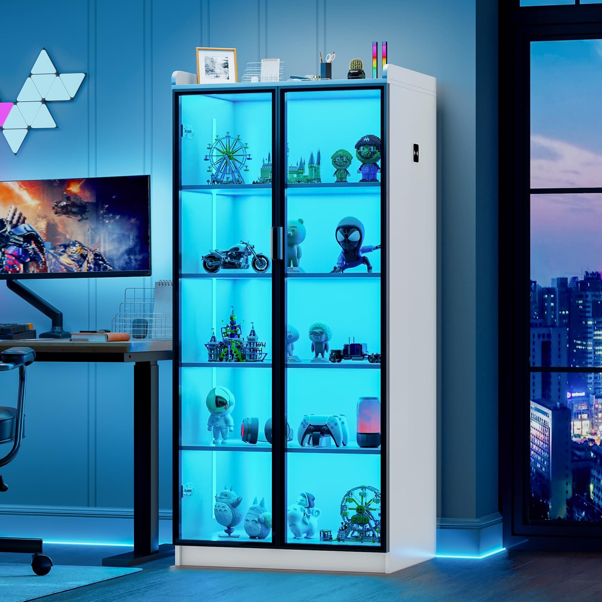 Lvifur Vitrinenschrank Weiss Sideboard, 35 × 70 × 165 cm Smart Vorratsschrank mit RGB 3 Farben Dimmbares Buffetschrank Intelligente Sensorik Vitrine Weiß