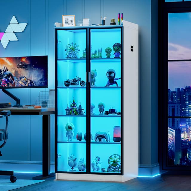 Lvifur Vitrinenschrank Weiss Sideboard, 35 × 70 × 165 cm Smart Vorratsschrank mit RGB 3 Farben Dimmbares Buffetschrank Intelligente Sensorik Vitrine Weiß