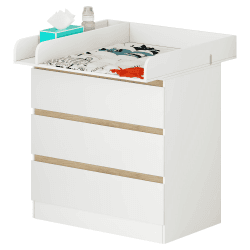 WOLTU Wickelkommode mit Wickelaufsatz, Wickeltisch, Kommode mit 3 Schubladen, Wickelaufsatz abnehmbar, mit Kippschutz, 86 cm für Lendenwirbelschutz, Weiß+Eiche
