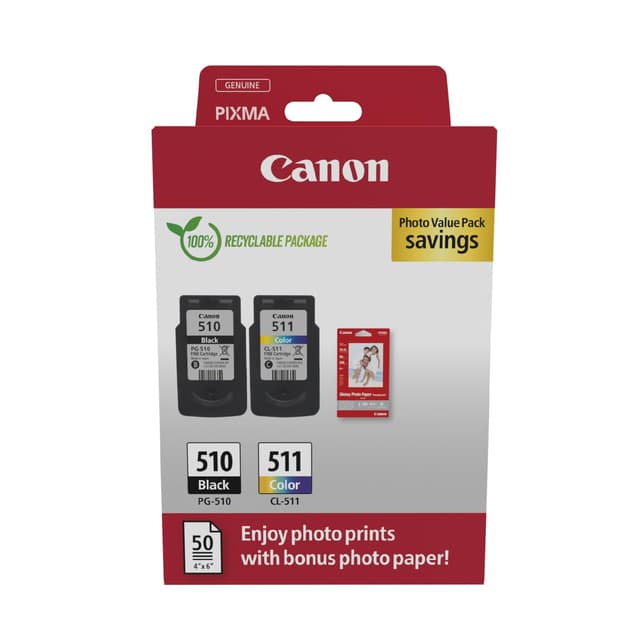 Canon Tintenpatronen & Papier-Multipack - PG-510/CL-511 Original Druckerpatronen 2er Pack (1 x Schwarz, 1 x Farbe) & 4x6 Fotopapier (50 Blatt) Home Printing