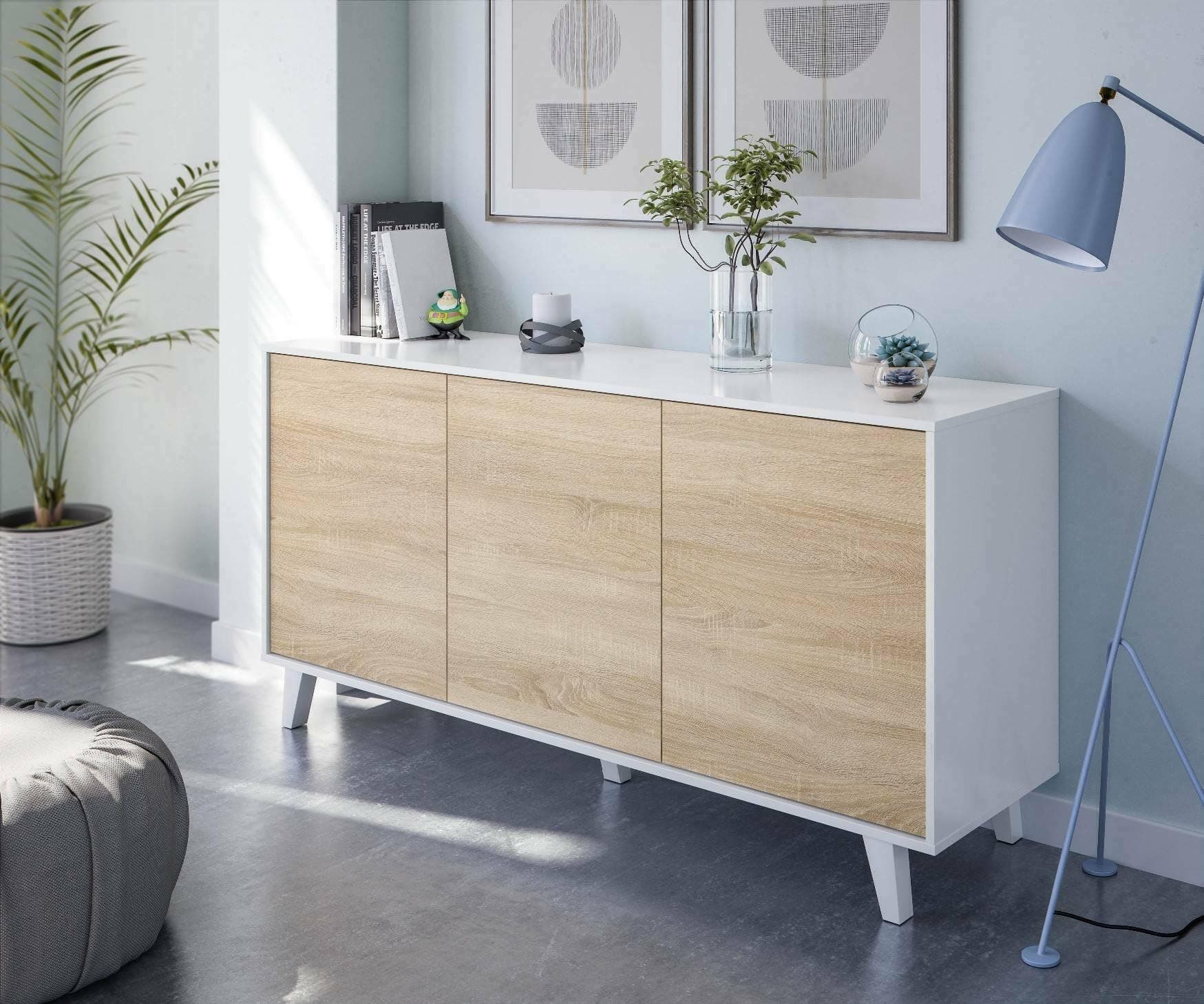 Dmora - Anrichte Arvada, Modernes Sideboard mit 3 Türen und Einlegeböden, Küchenbuffet, Wohnzimmer-Design-Buffet, cm 154x40h75, Glänzend weiß und Weiß