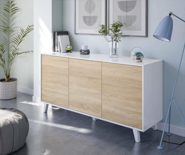 Dmora - Anrichte Arvada, Modernes Sideboard mit 3 Türen und Einlegeböden, Küchenbuffet, Wohnzimmer-Design-Buffet, cm 154x40h75, Glänzend weiß und Weiß