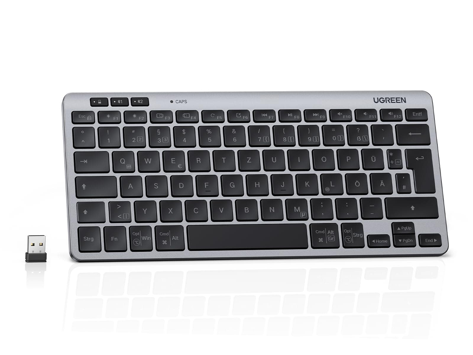 UGREEN Bluetooth Tastatur Kabellos (BT5.3+2.4G), Schlanke Scherenmechanik für Leises Tippen, Bis zu 500 Tage Akkulaufzeit, Kompatibel mit Windows/macOS/Android, Tragbare Mini Tastatur-QWERTZ Layout
