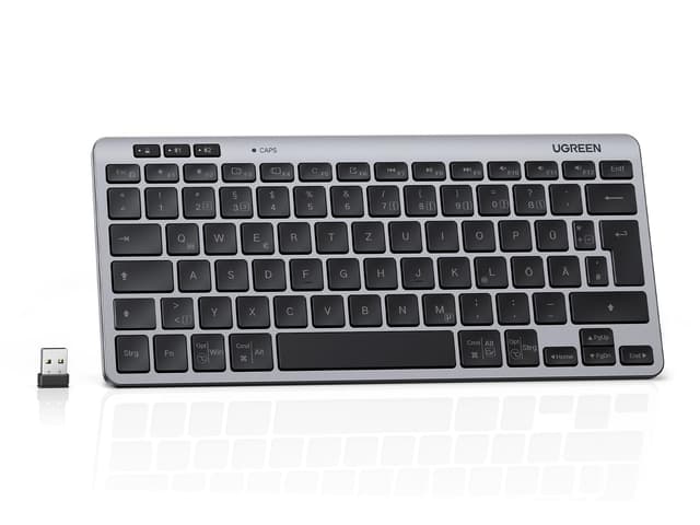 UGREEN Bluetooth Tastatur Kabellos (BT5.3+2.4G), Schlanke Scherenmechanik für Leises Tippen, Bis zu 500 Tage Akkulaufzeit, Kompatibel mit Windows/macOS/Android, Tragbare Mini Tastatur-QWERTZ Layout