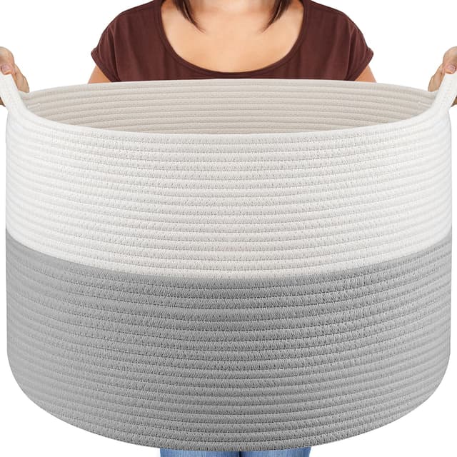 Maliton Aufbewahrungskorb groß für Wohnzimmer, Wäschekorb Geflochten aus Baumwollseil,Spielzeug Korb mit Griffen,Korb für Decken,Kissen,Kuscheltiere,Kleidung,50x33 cm,WeißGrau