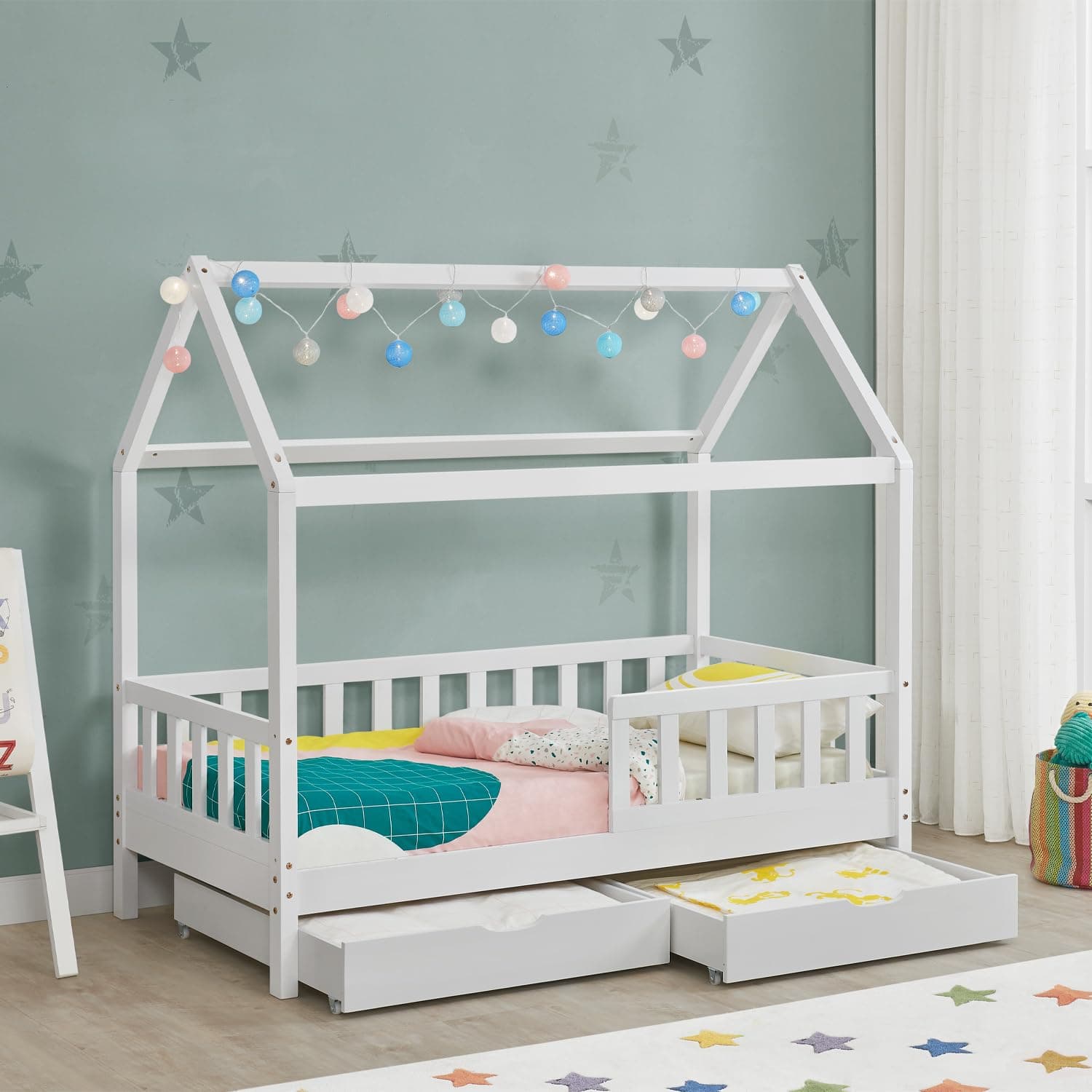 Juskys Kinderbett Marli 80 x 160 cm mit Bettkasten 2-teilig, Rausfallschutz, Lattenrost & Dach - Massivholz Hausbett für Kinder - Bett in Weiß 80 x 160 cm Weiß