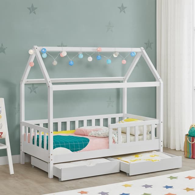 Juskys Kinderbett Marli 80 x 160 cm mit Bettkasten 2-teilig, Rausfallschutz, Lattenrost & Dach - Massivholz Hausbett für Kinder - Bett in Weiß 80 x 160 cm Weiß