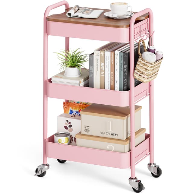 KINGRACK Rollwagen mit 3 Ebenen, Metallwagen mit abnehmbarem Holztablett, Aufbewahrung, Kunstwagen, Trolley, Organizer, Servierwagen, einfache Montage Rosa + Holzbrett 3-stufiger Ständer