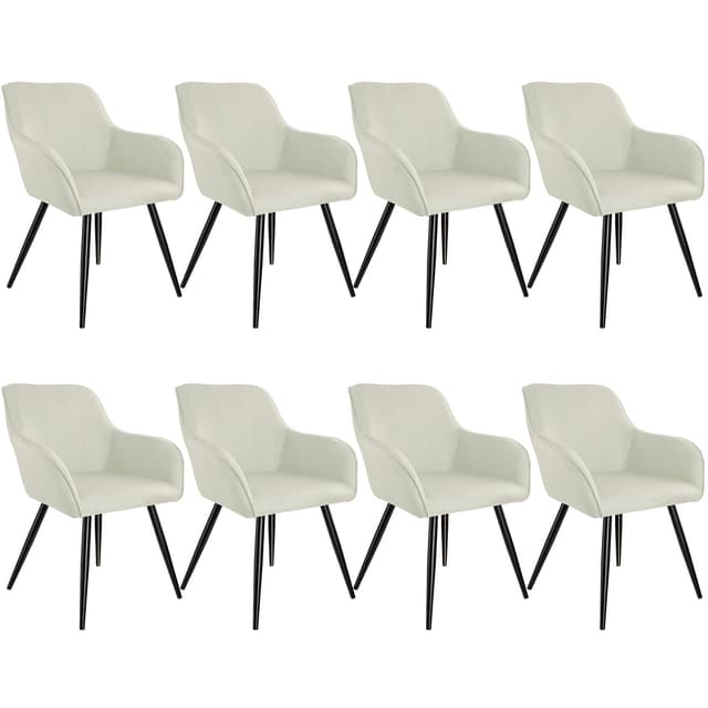 tectake 800876 8er Set Esszimmerstuhl mit Armlehnen, Leinenoptik, gepolsterte Sitzfläche, Schwarze Metallbeine, für Wohnzimmer, Esszimmer, Küche und Büro (Creme | Nr. 404677)