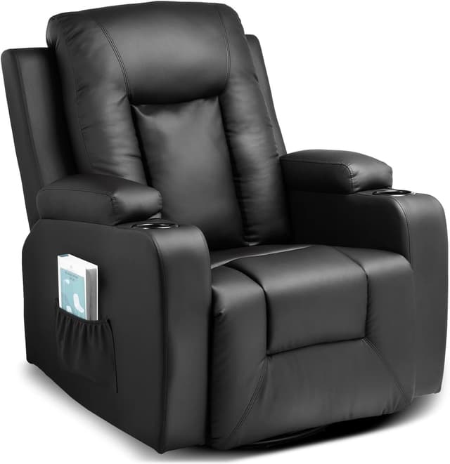 LUCKRACER Relaxsessel Fernsehsessel mit Liegefunktion und Fußstütze, 360°Drehbarer TV Sessel Wohnzimmer, Schaukelstuhl mit Getränkehaltern und 2 Seitentaschen PU-Leder Schwarz