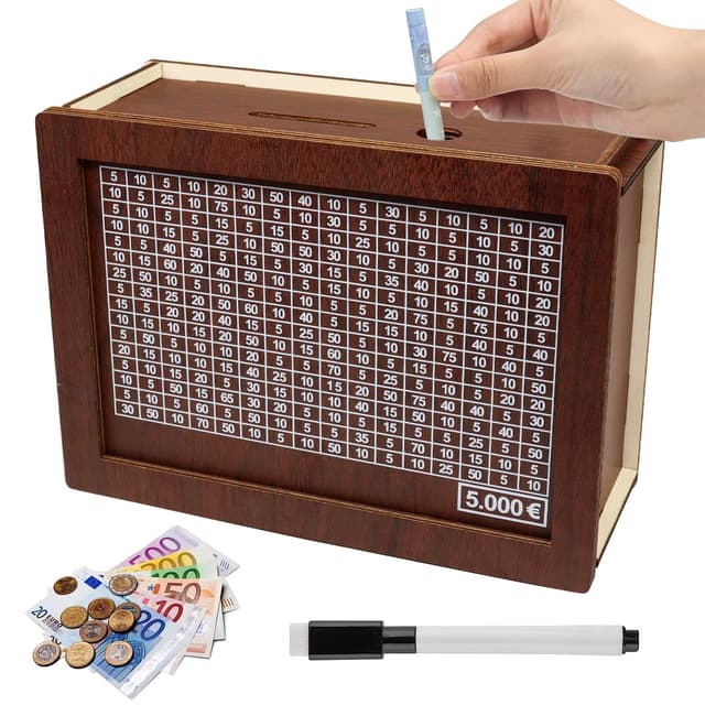 Spardose Holz, Holz Geldbank für Kinder, 5000€ Sparbox mit Zähler zum Ankreuzen, Spardose mit Sparziel und Zahlen, Spardose Kinder, Sparschwein Wiederverwendbare mit Stift für Erwachsene und Kinder