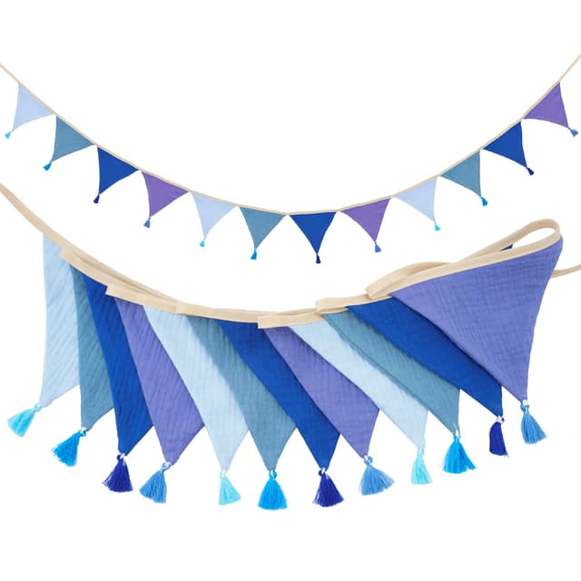G2PLUS Stoff Wimpelkette mit Quasten, Stoff Wimpelkette Kinderzimmer Blau, 2.8M Stoffgirlande mit 12 STK Wimpel, Wimpelkette Musselin Beidseitig für Kinderzimmer, Geburtstag, Party