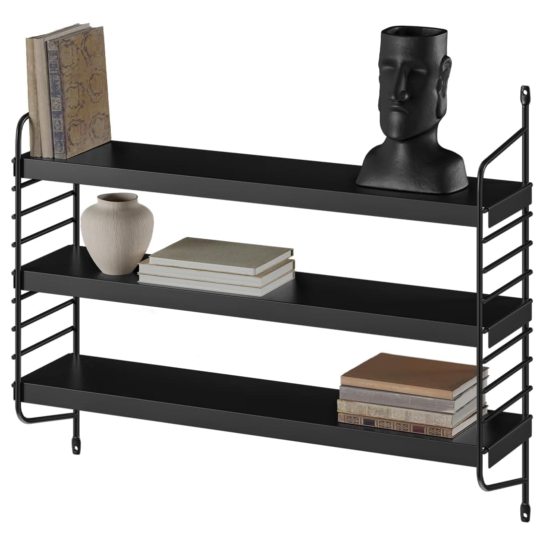 skølm Mimir Wandregal Metall Schwarz – Schweberegal mit 3 verstellbaren Regalböden – Modulares String Regal Wand – Hängeregal schmal für Wohnzimmer/Küche/Badezimmer – Wall Shelf