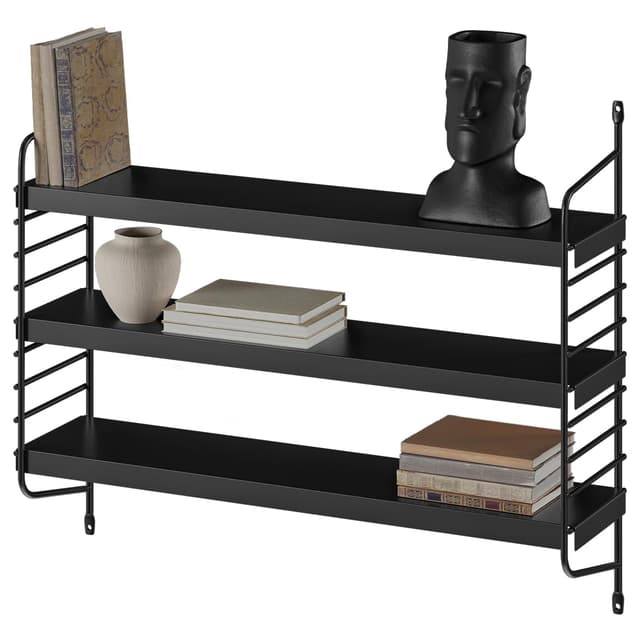 skølm Mimir Wandregal Metall Schwarz – Schweberegal mit 3 verstellbaren Regalböden – Modulares String Regal Wand – Hängeregal schmal für Wohnzimmer/Küche/Badezimmer – Wall Shelf