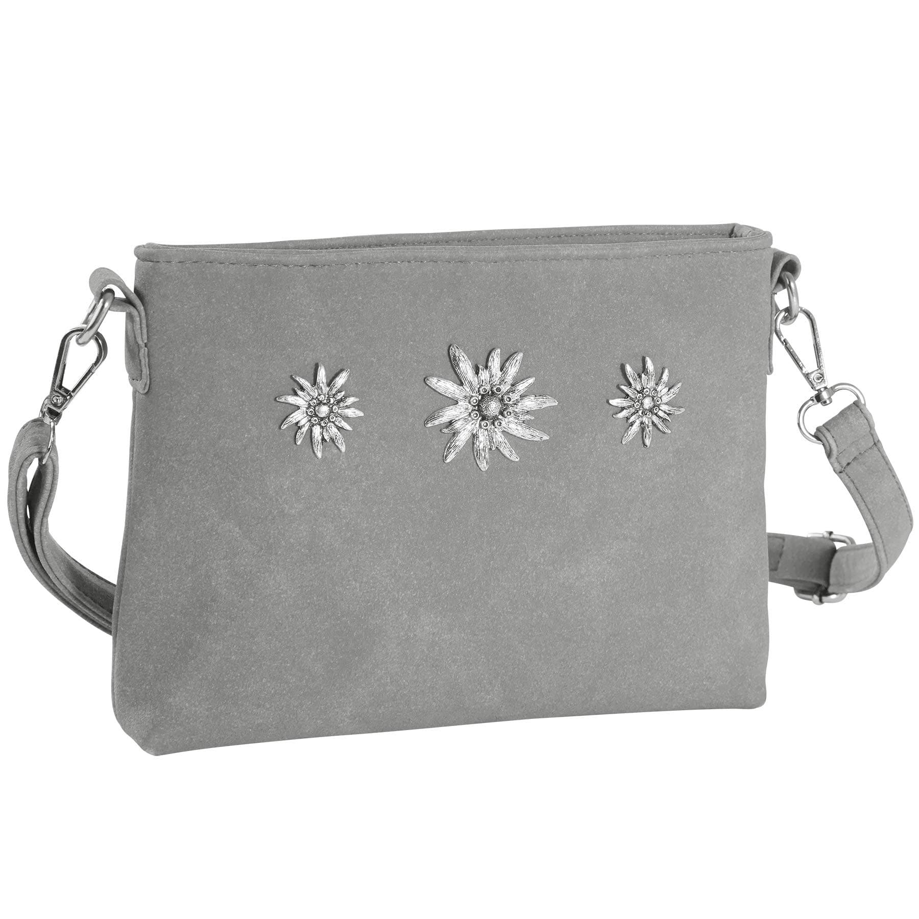dressforfun Dirndl Tasche, Handtasche Damen mittelgroß, Trachten Mode, Trachtentasche Wildlederoptik, Edelweiß, Damen Tasche, Umhängetasche, Oktoberfest Accessoires, Damen-Schultertaschen - grau